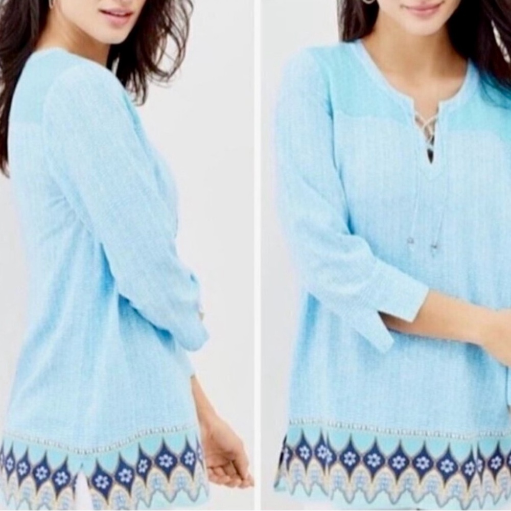 J. Jill Blue Embellished Tunic with Mandarin Collar